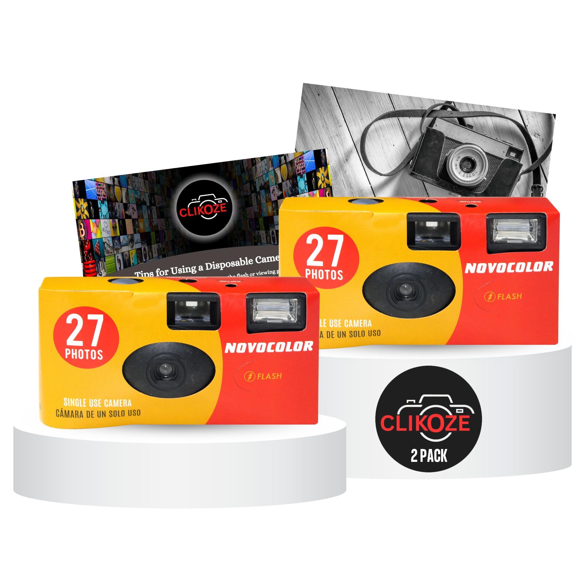 Disposable Camera Bundle with Novocolor APM401004 Single-Use Film Cameras with 27 Exposures x2 and Clikoze Disposable Photography Tips Card