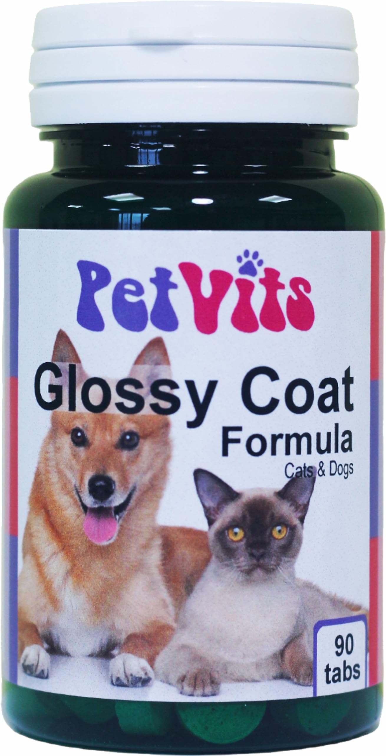 PetVits Glossy Coat Formula for Cats & Dogs : Glossy and Healthy Coat Pet Supplement : 90 Tablets, in a 99% recycled pot