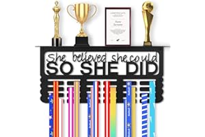 Takytao Medal Hanger Display with Trophy Shelf, Upgraded Sports Medal Holder Trophy Display Shelf Ribbon Holder Simple Wall Hanger with Motivational Words for Gymnastics, Soccer, Softball