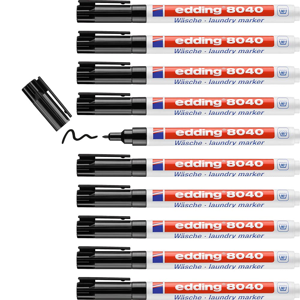 edding 8040 laundry marker - black - box of 10 - round nib 1 mm - textile marker for labelling clothes, wash-resistant at 95°C - laundry pen — image 1