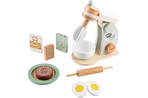 HEY! PLAY! Wooden Toy Mixer for Kids Kitchen Playset - 9-Piece Toddler Cooking Set with Stand Mixer, Play Food, and Pretend Play Kitchen Accessories - Educational Kids Toys for Ages 3 and Up by Hey Play