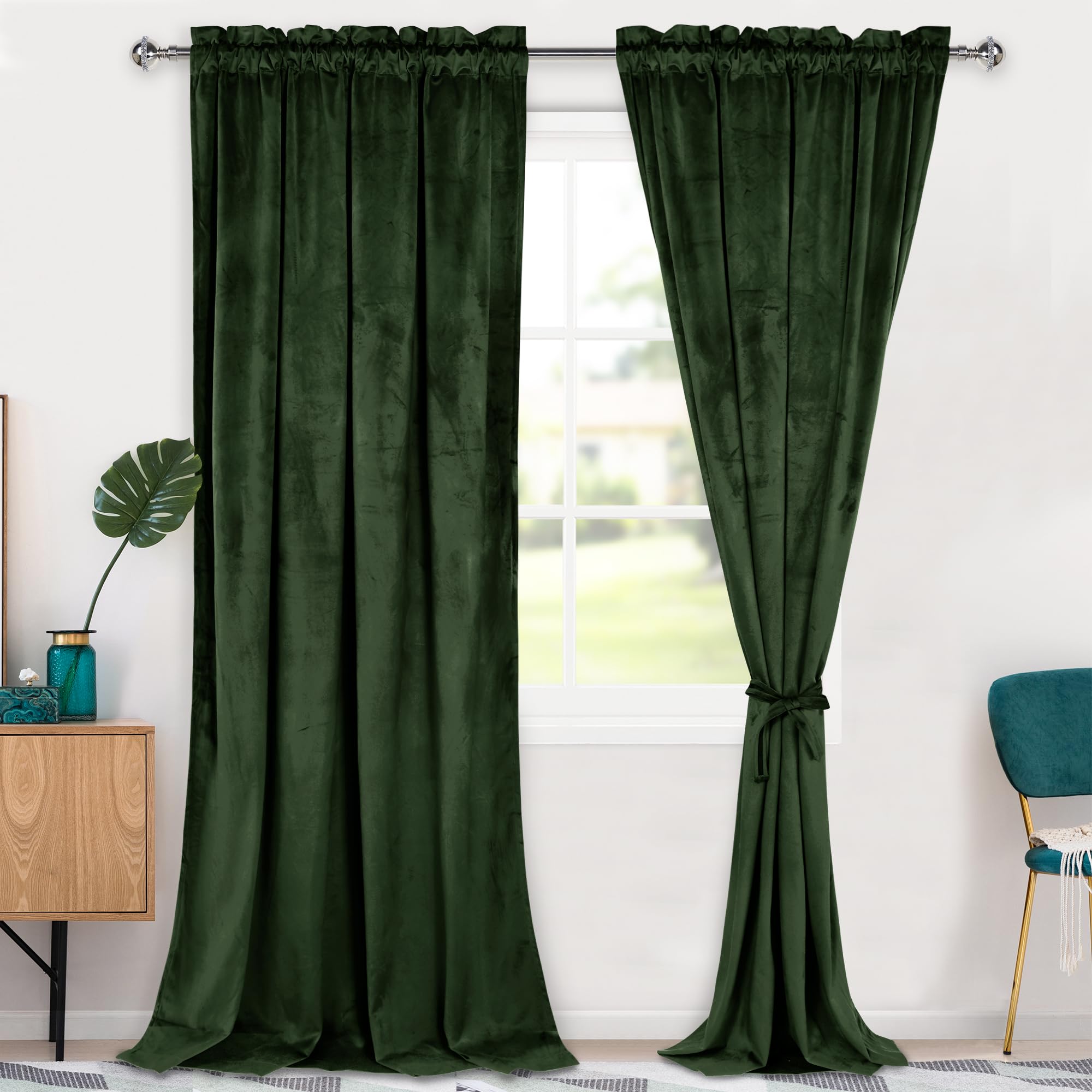 Hiasan Olive Green Velvet Curtains 108 inches-Blackout Thermal Insulated Solid Soft Curtains for Bedroom Living Room Rod Pocket Room Darkening 2 Panels Window Drapes with Tiebacks, 52W x 108L Image