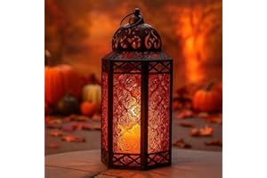 VELA LANTERNS 12" Large Black Metal Decorative Moroccan Lantern Candle Holder Lamp for Halloween - Indoor/Outdoor, Home Decor, Patio, Weddings, Ramadan, Amber