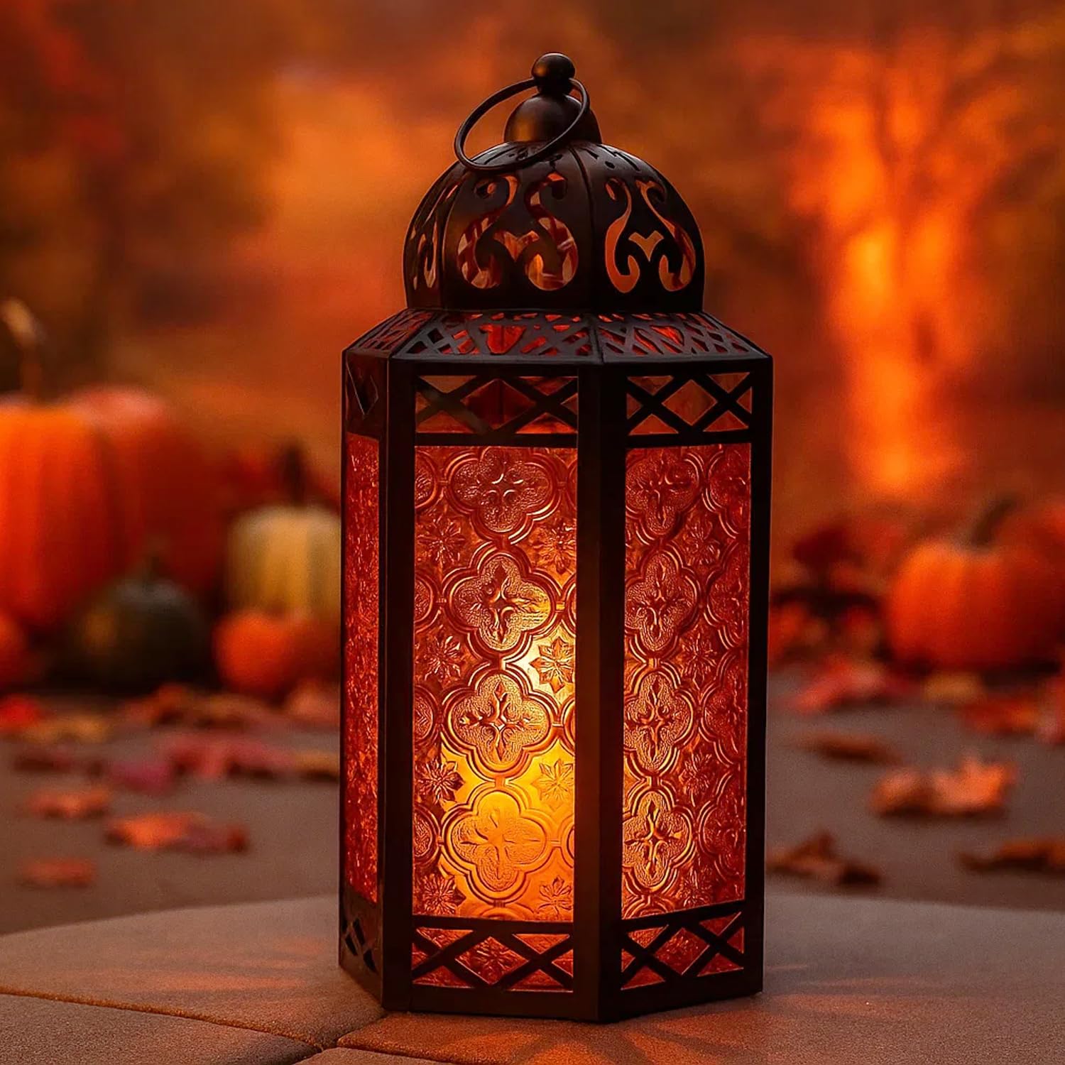 Black Metal Decorative Moroccan Lantern Candle Holder Lamp for Indoor or Outdoor Home Decor, Large, Amber