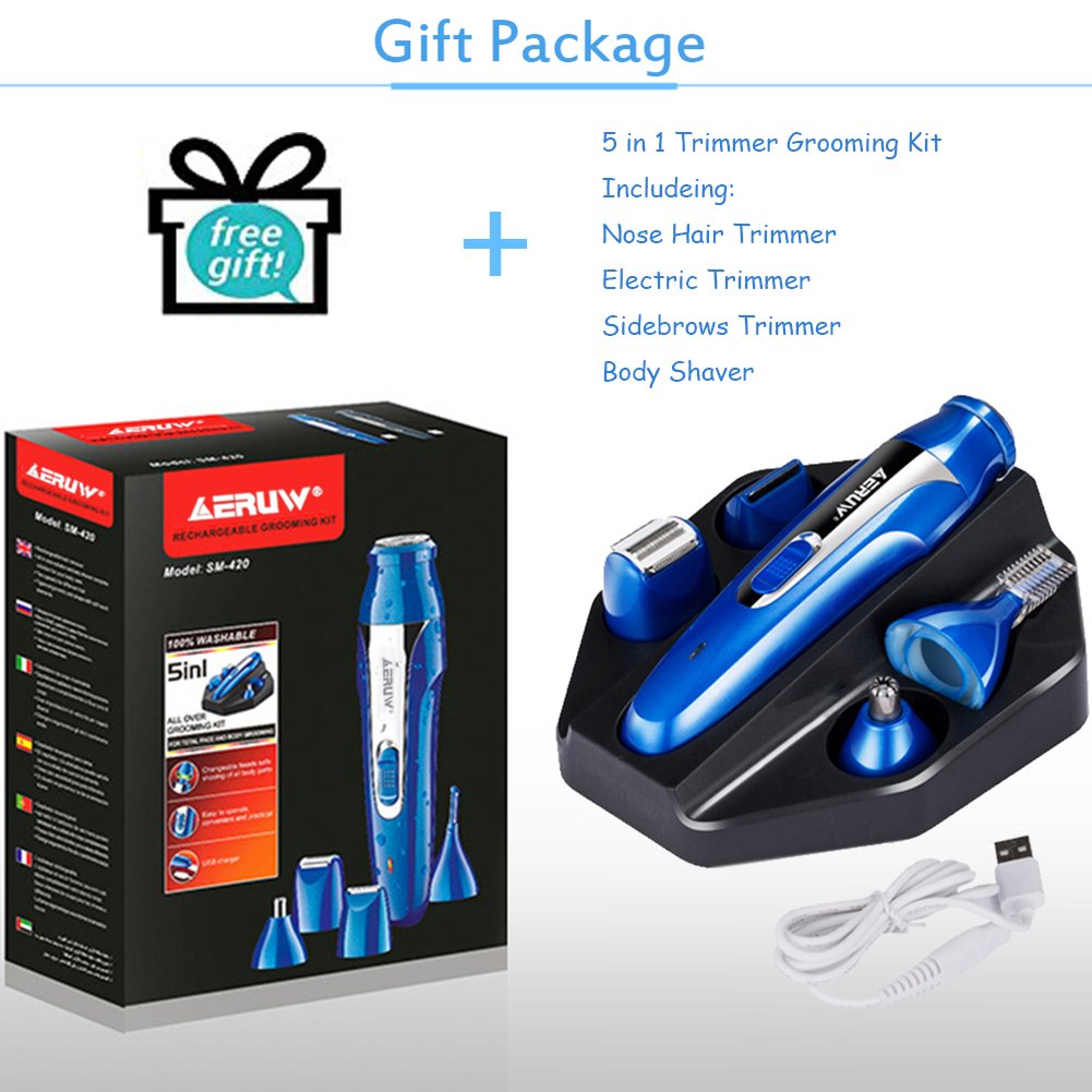 Mens Electric Shaver, 5 in 1 Nose Hair Trimmer USB Rechargeable Grooming Electric Razor / Eyebrow / Sideburns / Beard / Nose Ear Hair Trimmer for Men Women Waterproof Beauty Kit Rotary Shaver -BLUE