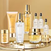 Golden Facial Skin Care Set with Cleanser, Toner, Lotion, Face Cream, Day Cream, Eye Cream &amp; Serums, Hydrating Daily Skin Care Kit with Sodium Hyaluronate &amp; Snail Mucin, Gift Set for Women