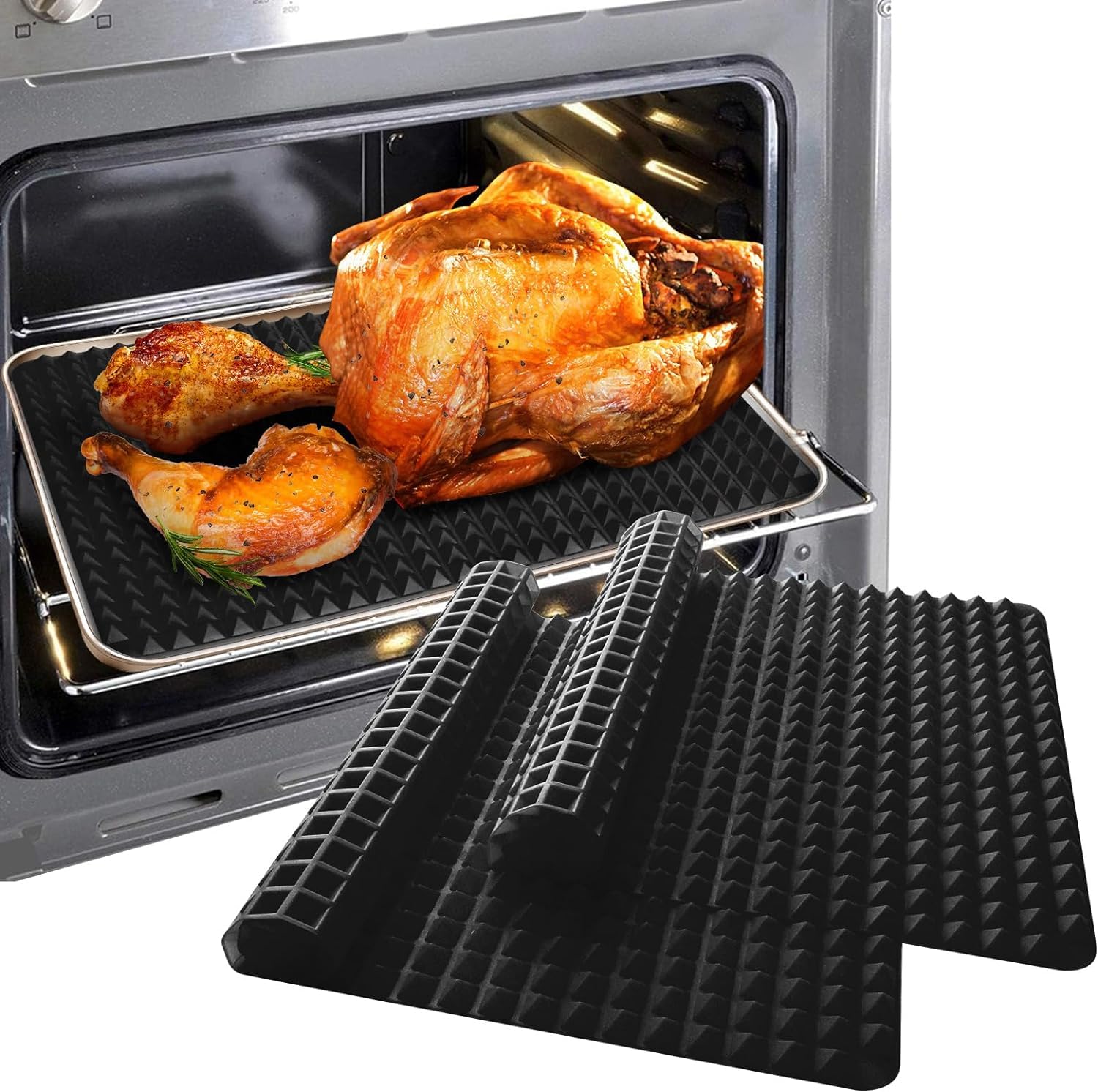 Diamond Chef Silicone Mat Baking Mats Pyramid Oven Non-Stick Pastry Large Value 2 Pack, Reducing Healthy Cooking Sheets Heat-Resistant for Grilling BBQ 15.1 X 10.6Inch Black (2 PCS, Deep Black)