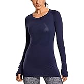 CRZ YOGA Women's Seamless Athletic Long Sleeves Sports Running Shirt Breathable Gym Workout Top Navy-Slim Fit Large