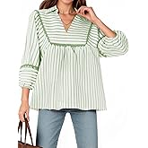 Tankaneo Womens Striped Babydoll Tops Oversized 3/4 Sleeve Peplum Blouse Loose Fit Pleated Cute Shirts