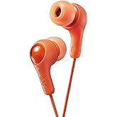 ORANGE GUMY In ear earbuds with stay fit ear tips. Wired 3.3ft colored cord cable with headphone jack. Small, medium, and large ear tip earpieces included. JVC GUMY HAFX7D