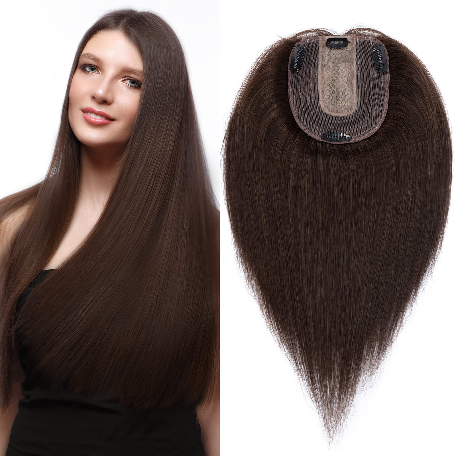 S-noilite Human Hair Toppers for Thinning Hair Women Real Hair Topper Hair Piece Clip in Toupee 100% Remy Real Human Hair 31g（#2 Dark Brown, 8 Inch）