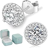 KRKC Moissanite Earrings, Lab Created Diamond Stud Earrings For Women Men, 14K Golden-Plated, 925 Sterling Silver Earrings, D Color VVS1, Valentines Christmas Gift, Halo Style, Push Back, 0.2CT-8CT
