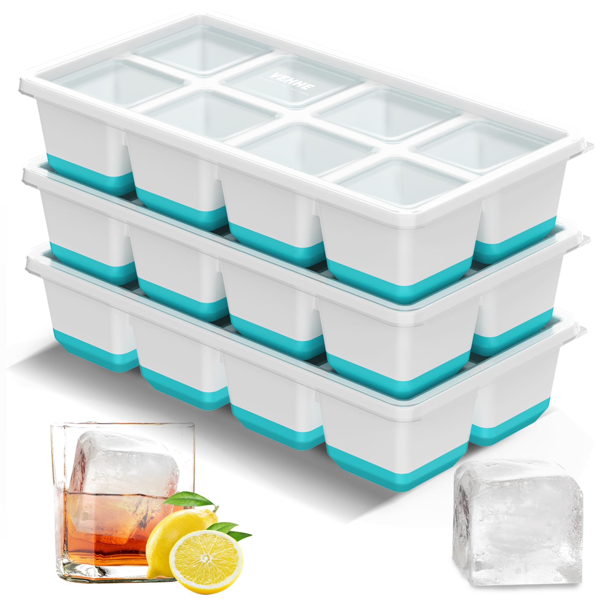 VEHHE Ice Cube Tray with Lid, Large Ice Cube Moulds for 24 Ice Cubes, Flexible Silicone Ice Cube Tray Easy Release, 3pcs Easy Stack Reusable Ice Trays for Freezer, for Whisky, Cocktails, Drinks
