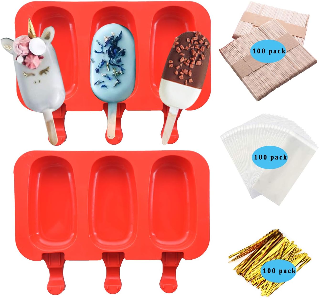 2Pack Popsicle Silicone Molds with Lid Ice Cream Bar Pop Maker BPA Free 3 Cavities with 100 Wooden Sticks (Red Style1)