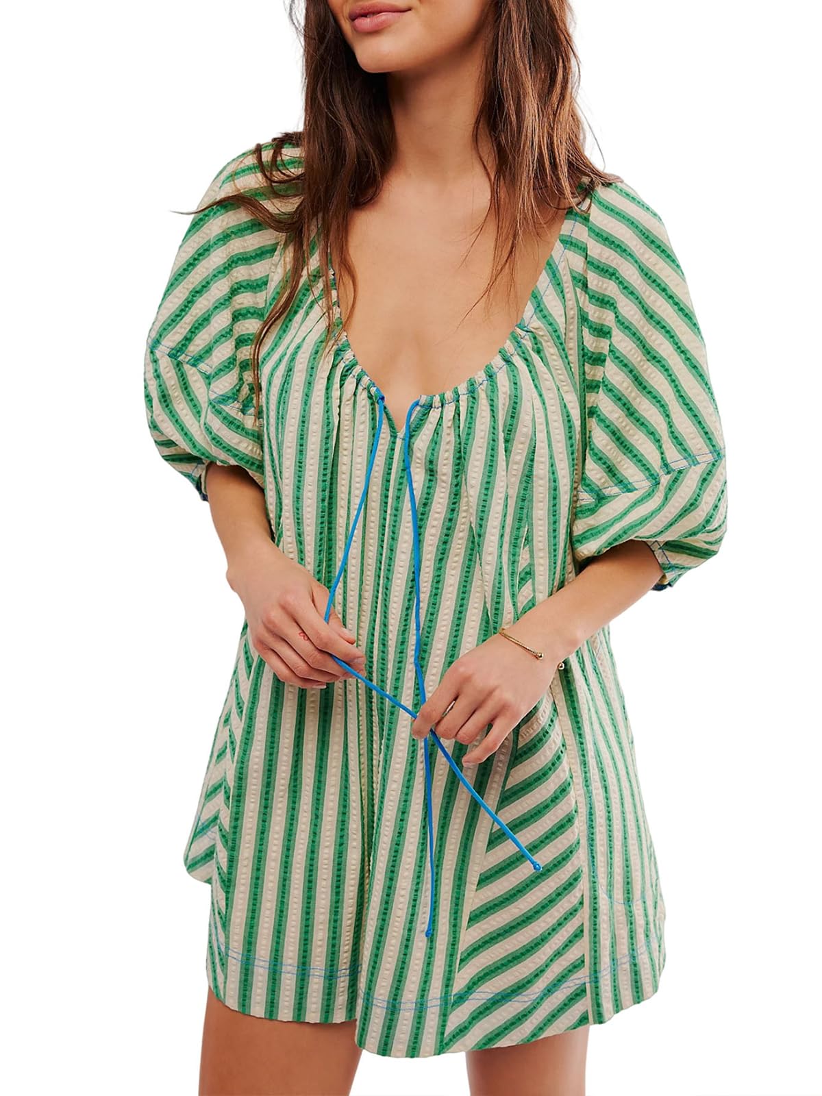 Photo 1 of    hibshaby Women's Boho Romper ¾ Sleeves Bow Tie Mini Short Jumpsuit Playsuits Babydoll Romper Travel Vacation Clothes S