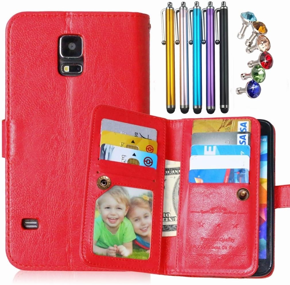 LEMORRY Samsung Galaxy S5 / G900 Wallet Case, 2in1 TPU Cover + Flip Premium PU Leather Magnetic Bumper Protective Pouch Red