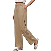 GRAPENT Linen Pants Women Wide Leg High Waisted Crochet Panel Pull On Elastic Waist Casual Summer Beach Vacation Pants