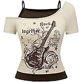 Emo Grunge Shirts Women 2000s Graphic Baby Tees Fake Two Piece Short Sleeve Vintage Y2k Crop Top Goth Alt Clothes