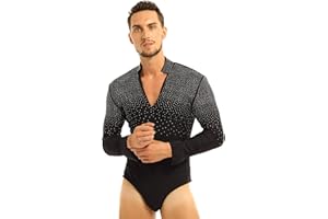 inhzoy Mens Long Sleeves Shiny Rhinestones Latin Rumba Dance Ballroom Training Shirt Bodysuit