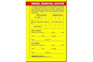 Wheel Change Notice Book - 54 Sheet Card Tag Removal Re-Torque Warnings