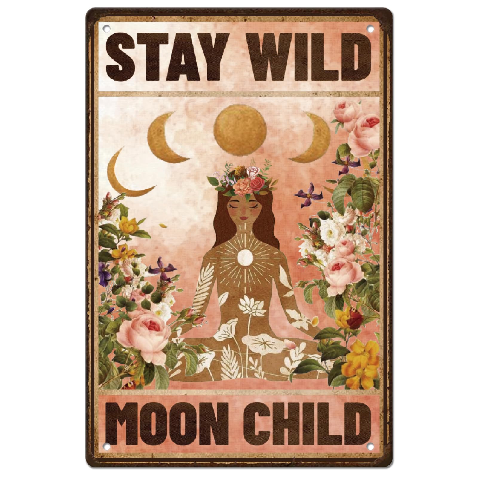 SUPERDANT Yoga Girl Flowers Metal Signs Stay Wild Moon Child Tin Signs Moon Phase Poster Art Funny Wall Plaques for Girl's Room Cafe Bar Vintage Decor Gift