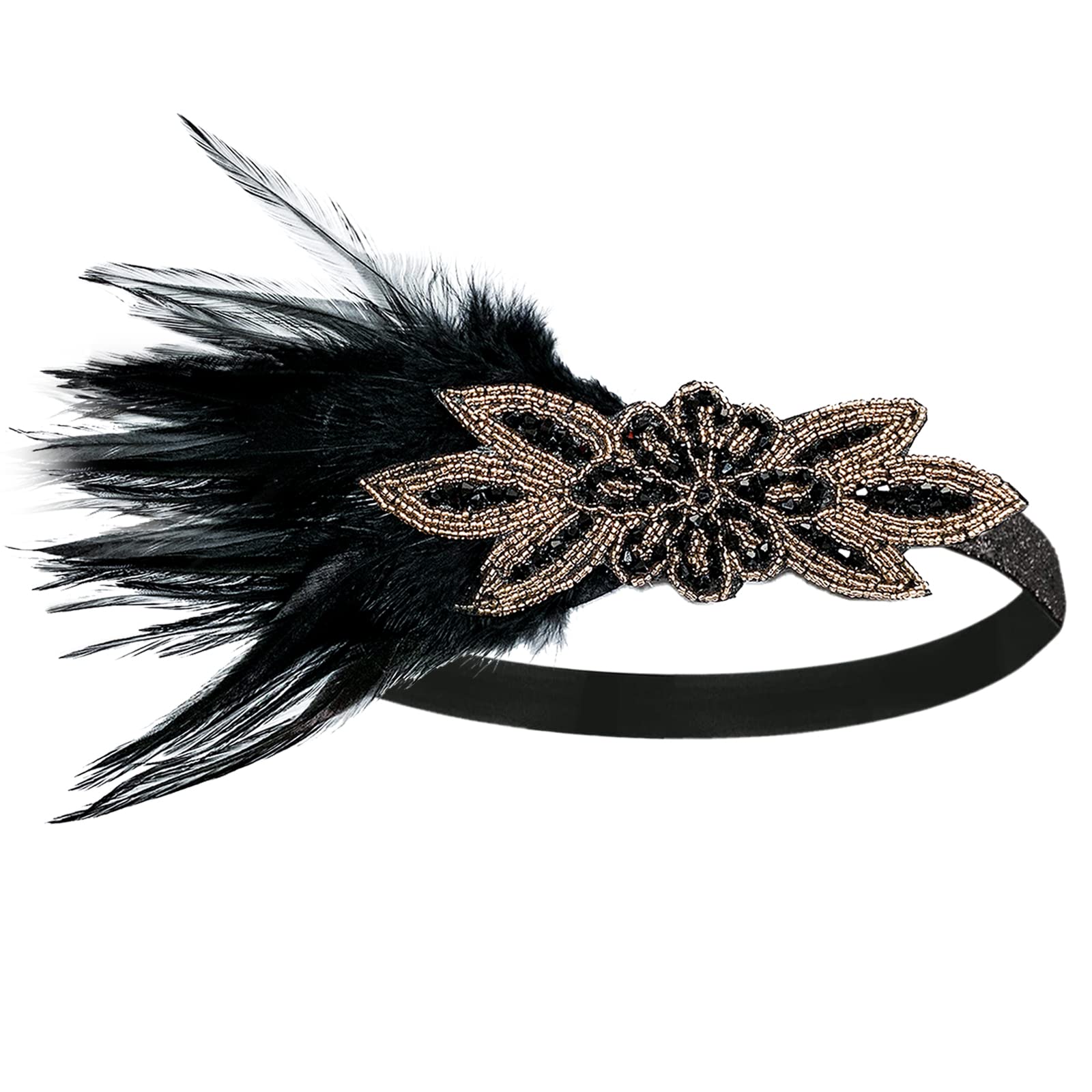 wirepool 1920s Flapper Feather Headband, 20s Sequined Headpiece, Roaring 20's Theme Set for Women Costume Headwear (Black Feather)