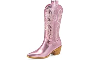 Ouepiano Cowboy Boots for Women - Wide Calf Cowgirl Boots Embroidered Mid-Calf Western Boots