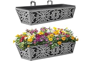 KARLLIU 2 Pack 24 Inch Window Boxes Planter for Outdoor Plants Deck Railing Planters Box with Adjustable Brackets for Porch Fence Balcony Hanging Flower Baskets with Non-Woven Fabric Liner for Garden Decor