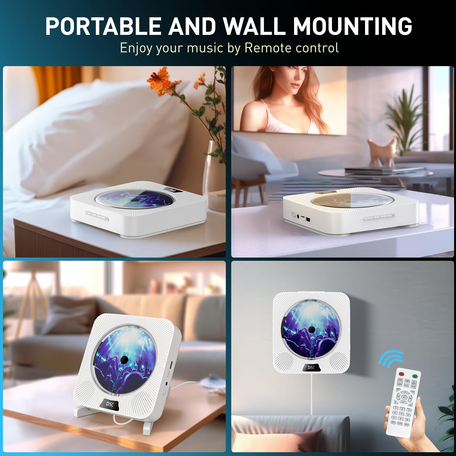 Portable CD Player with Bluetooth, Wall Mountable CD Player with Dust Cover,FM Radio,Built-in Speakers,USB Port,AUX Input,LCD Display
