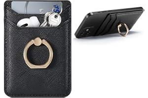 Crymow Credit Card Holder for Phone Case,RFID Sticky wallet Phone Case Stick on Most SmartPhone,Adhesive Wallet Attachment for Phone Case with Finger Ring Stand for iPhone&Galaxy,Vegan Leather-Black