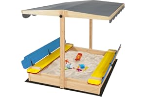 RUNSHED Kids Wooden Sandbox with Lid, Toddlers Outdoor Sand Pit with Cover, Large Folding Sand Box with Adjustable Canopy 48x48in (Multicolor)