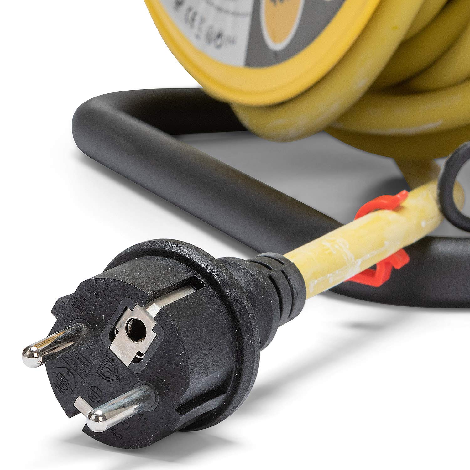 Stak REELPRO-FR-25 Kabeltrommel, professionell, feste Trommel, wasserfest IP44, 25 m langes Gummikabel 3G2,5 mm2 für Baustellen, Basteln, Garten 4 Steckdosen, Rahmen aus Stahl, Gelb 3