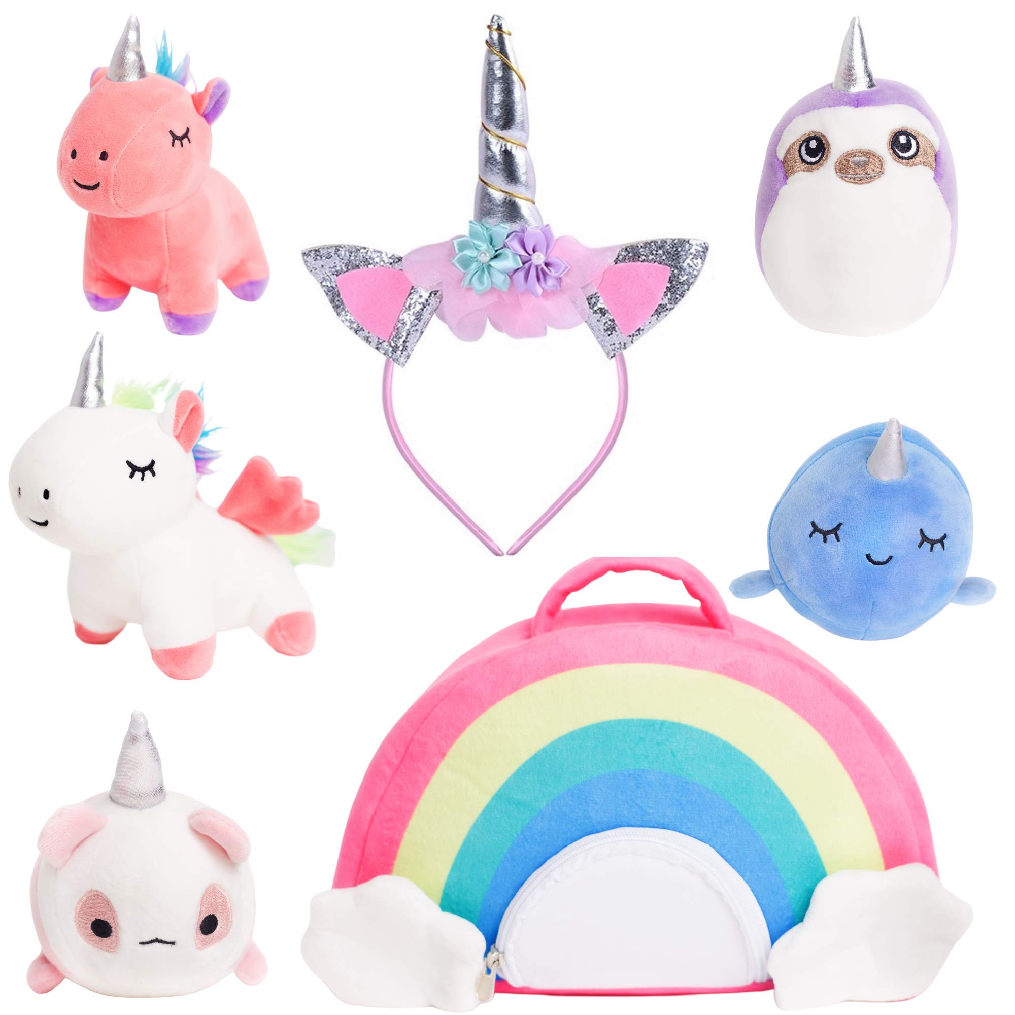 Be A Kid & Have Fun! Plush Unicorn Toy Set with Rainbow Case, Five Stuffed Animals & Unicorn Headband for Girls