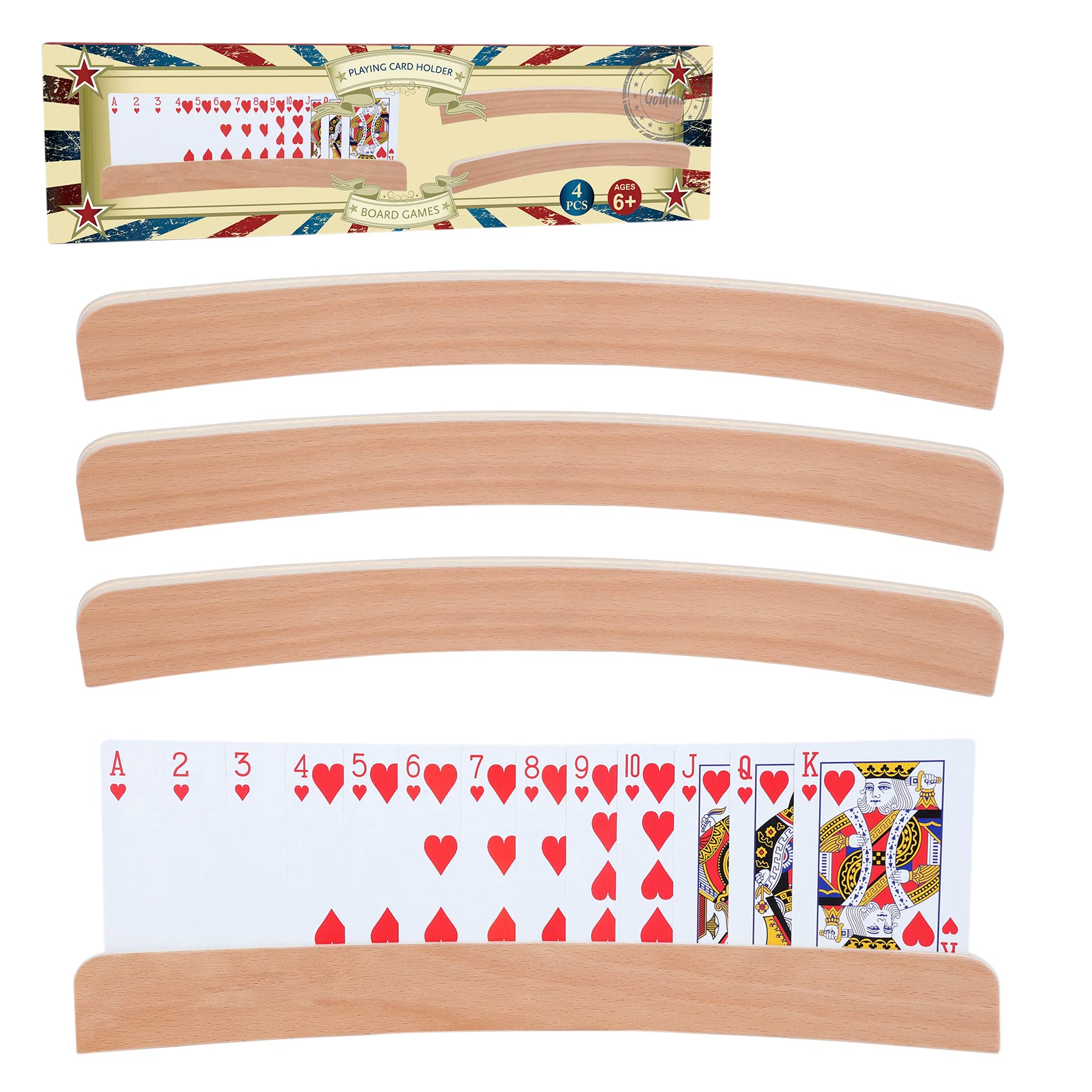 GOTHINK Playing Card Holder Wood for Adult, Set of 4 Curved Seniors Solid Wood Cards Holders, 13.4 x1.4 x 0.5 Inch Non Slip Card Deck for Bridge Canasta Strategy Card Games