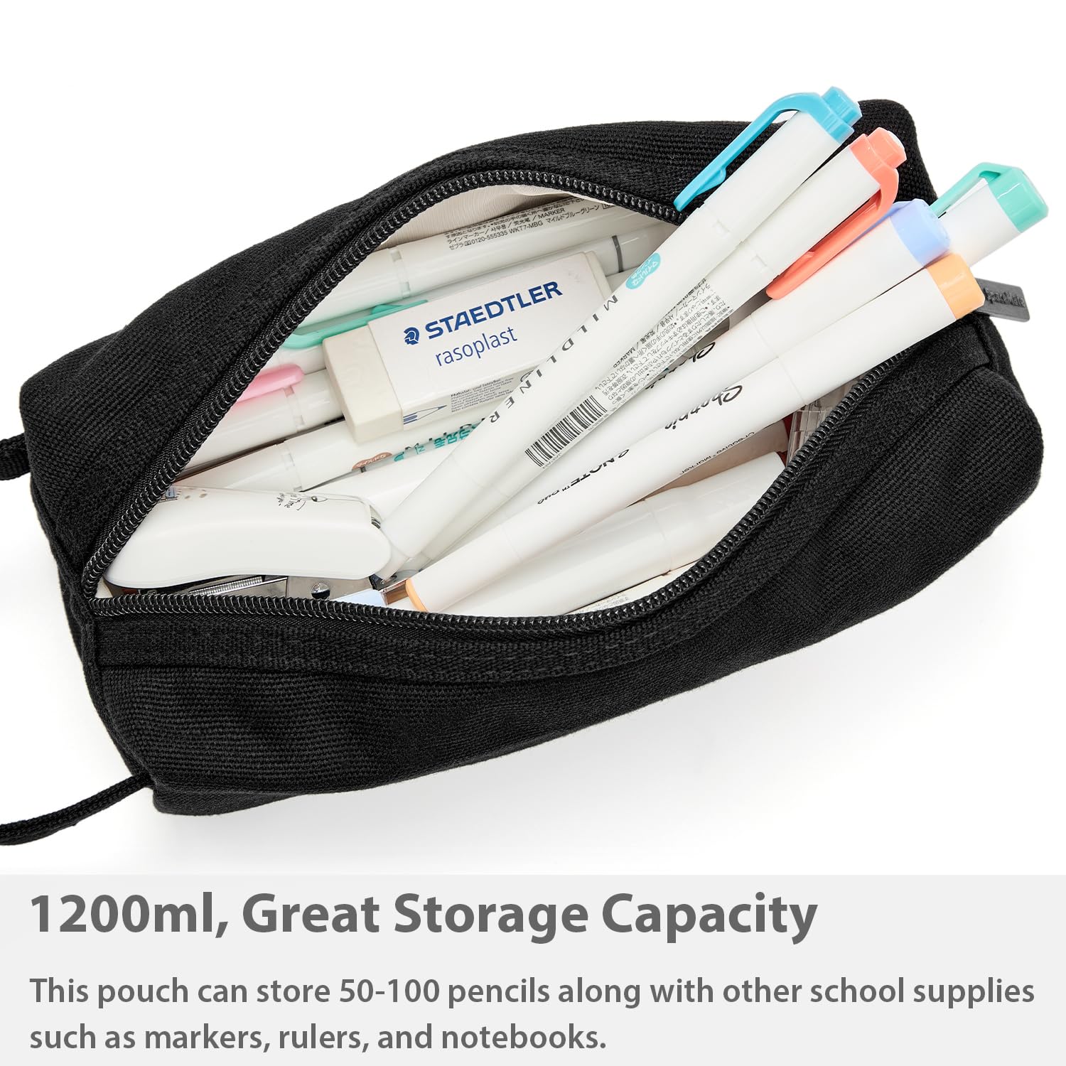 Pencil Case Pouch Box Bag School Supplies Girls Boys Kids, Cute Preppy Stuff Large Big Capacity Aesthetic Canvas Pen Organizer, Back to College Stationary, Black, Simple Style, 1200ml