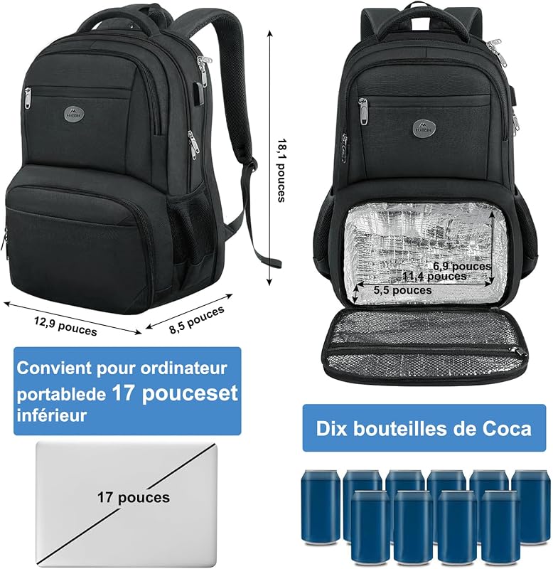 Sac a Dos Ordinateur avec Isotherme Repas, Sac à Dos Portable 17"