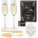 Wedding Cake Knife And Server Set Mr Mrs Champagne Flutes, Bride And Groom Gold Engraved Toasting Glasses With Cocktail Napkins Cake Cutting Set For Wedding, Personalized Engagement Gifts For Couple