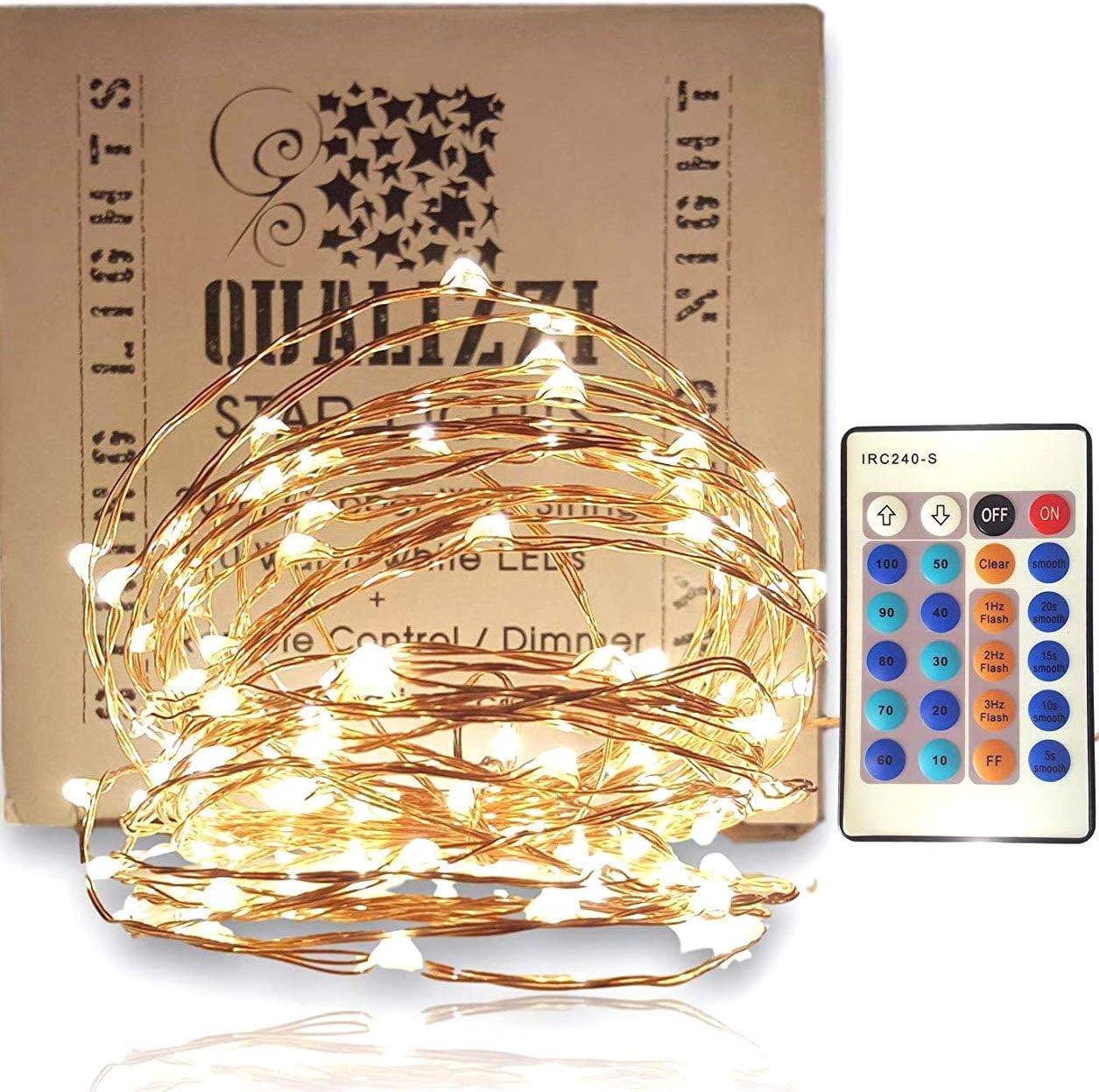 Qualizzi Starry Lights with Remote Control/Dimmable (20 Feet /120 LEDs). Very Pretty Bright Fairy Light Effects on LED Copper Wire String Lightings. Enjoy Magic Decorative Garlands All Year Around.