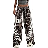GORGLITTER Women's Y2k Camo Baggy Sweatpants Side Stripe Wide Leg Drawstring Track Pants Streetswear