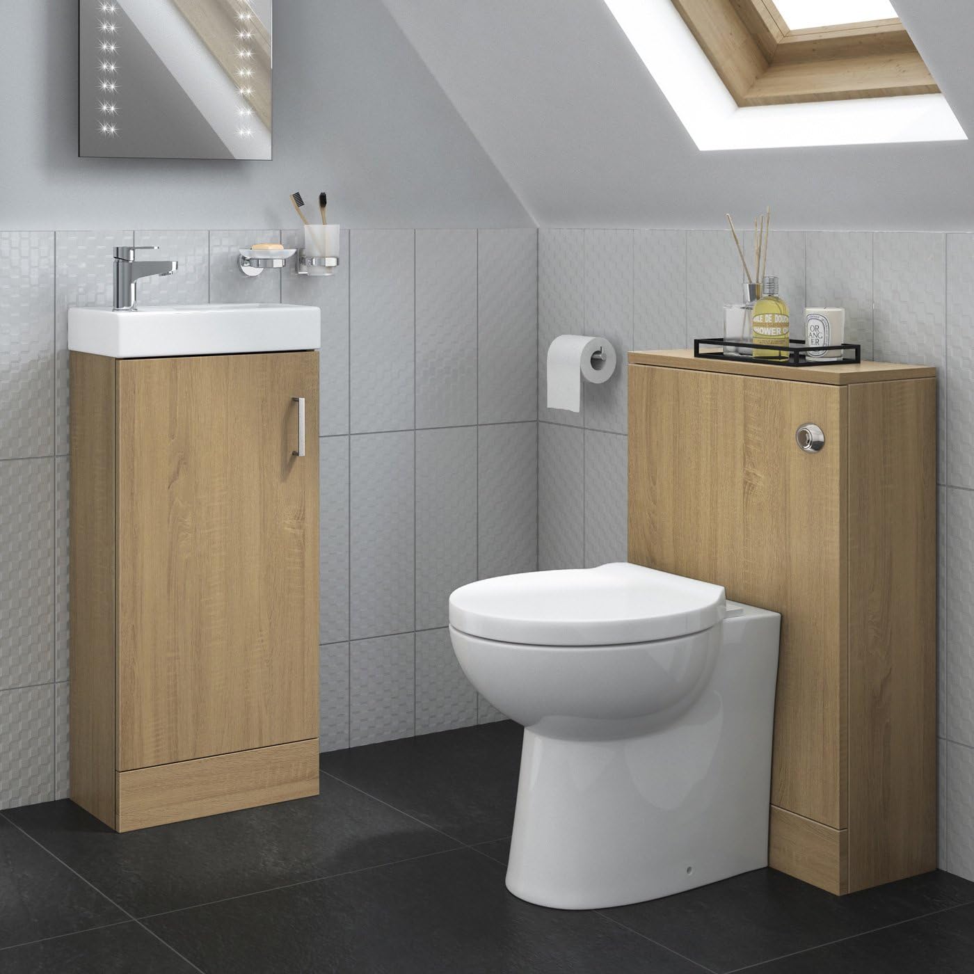 Oak Cloakroom Suite Floor Vanity Sink Unit + Back To Wall Soft Close
