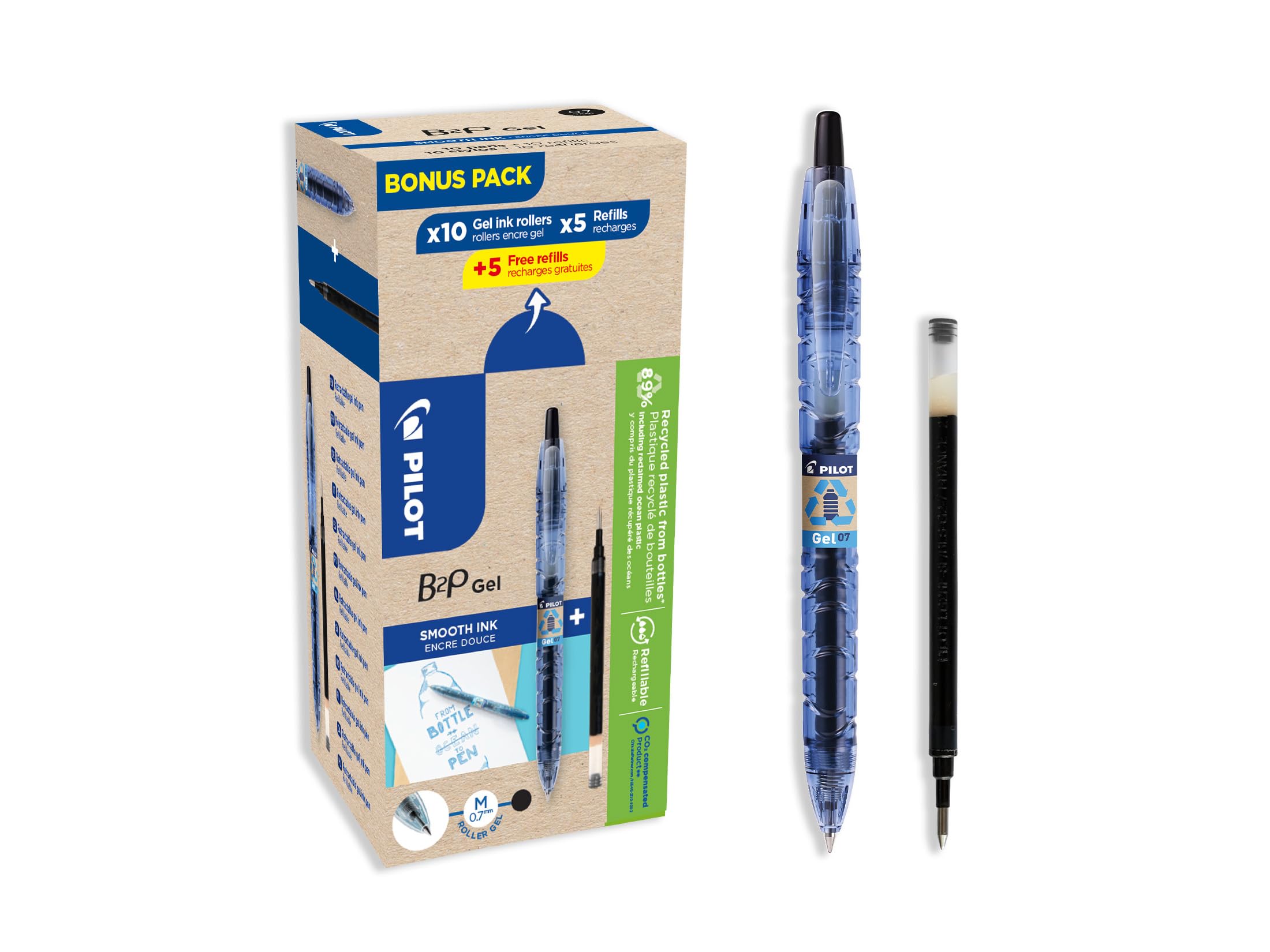 Pilot Greenpack B2P Eco Gel, 0.7mm, Black, 10 Pens and 10 Refills, (WLT556190)