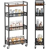 DGSNADGO Slim Rolling Storage Cart, 4-Tier Kitchen Cart on Wheels, Narrow Utility Cart with Handle and Wooden Tabletop for Small Space in Kitchen, Living Room, Bathroom, Rustic Brown and Black