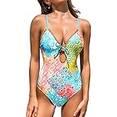 CUPSHE One Piece Swimsuit Women Keyhole V Neck Color Block Bathing Suit Cutout Back Crisscross Self Tie Swimwear