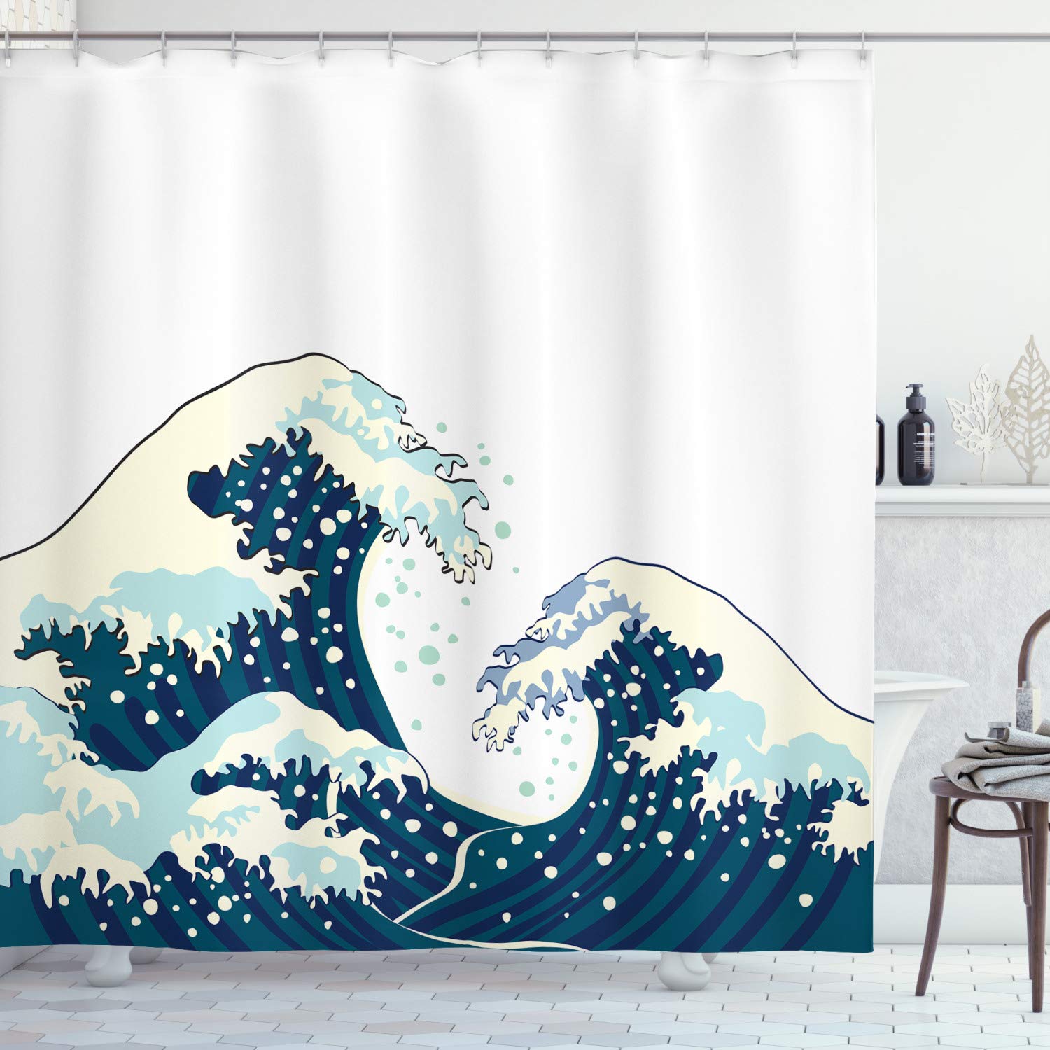 ABAKUHAUS Waves Shower Curtain, Japanese Kanagawa Illustration Nautical Ocean Surfing Theme Aquatic Pattern, Cloth Fabric Bathroom Decor Set with Hooks, 94 Inches, Dark Blue White — image 1