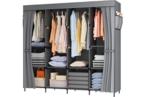 LOEFME Closet Wardrobe, Portable Closet with 6 Storage Shelves, 4 Hanging Sections and 4 Side Pockets, 63 x 15.7 x 70.8 Inch Portable Closets for Bedroom, 13Compartments, Gray