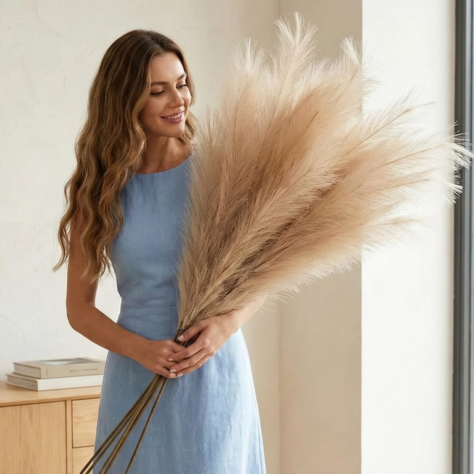 Extra Large Pampas Grass Artificial Fluffy, Fake Large Feathers For Floor Vase, Decorative Tall Artificial Flowers For Vase, Brown Pampas Grass Bedroom Living Room Ornaments, 3 stems x 116cm Long