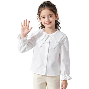 sgeoct Girls Double Lace Peter Pan Collar Blouse Long Puff Sleeve Shirt | Elegant Double Lace Peter Pan Collar & Long Puff Sl