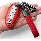 Autophone Compatible with Nissan Key Fob Cover with Leather Keychain Soft TPU 360 Degree Protection Key Case for Altima Maxima Rogue Armada Pathfinder Smart Key 3 4 5-Button-Red