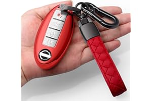 Autophone Compatible with Nissan Key Fob Cover with Leather Keychain Soft TPU 360 Degree Protection Key Case for Altima Maxima Rogue Armada Pathfinder Smart Key 3 4 5-Button-Red
