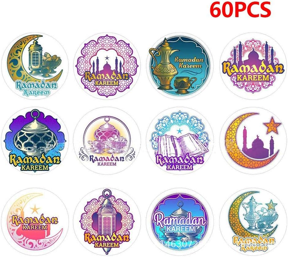 SHZONS 60 Pieces Eid Mubarak Self-Adhesive Labels Gift Box Seal Stickers for Wedding Festivals